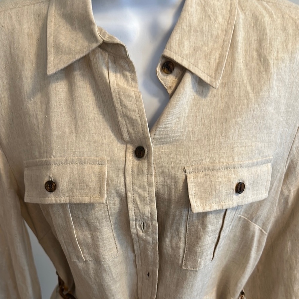 Women's Beige Belted Button Down​ - Picture 2 of 4